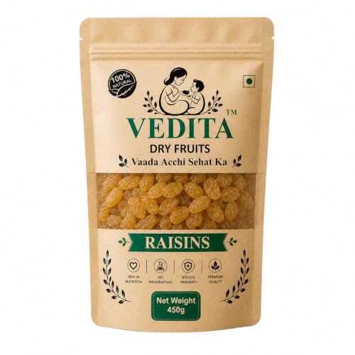 Image of Vedita Premium Golden Seedless Raisins (Kishmish) 450g | Dry Fruits | 100% Natural Kishmish | Fresh & Naturally Sweet | Healthy Snack Pouch | Ideal for Snacking, Cooking & Dry Fruits Combo | Kismis 500g