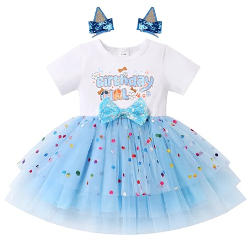 IMEKIS Cake Smash Outfit Girl: 1st 2nd Birthday Dress Toddler Confetti Tulle Sparkly Tutu Dog Ears Hair Clips Baby One Two Year Old Photoshoot Clothes Sets Party Formal Kids Blue 12-18 Months