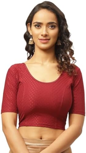 Fressia Fabrics Round Neck Pure Dobby Cotton Stretchable Elbow Sleeve Readymade Saree Blouse for Women Stylish (208_lightmaroon_XXL)