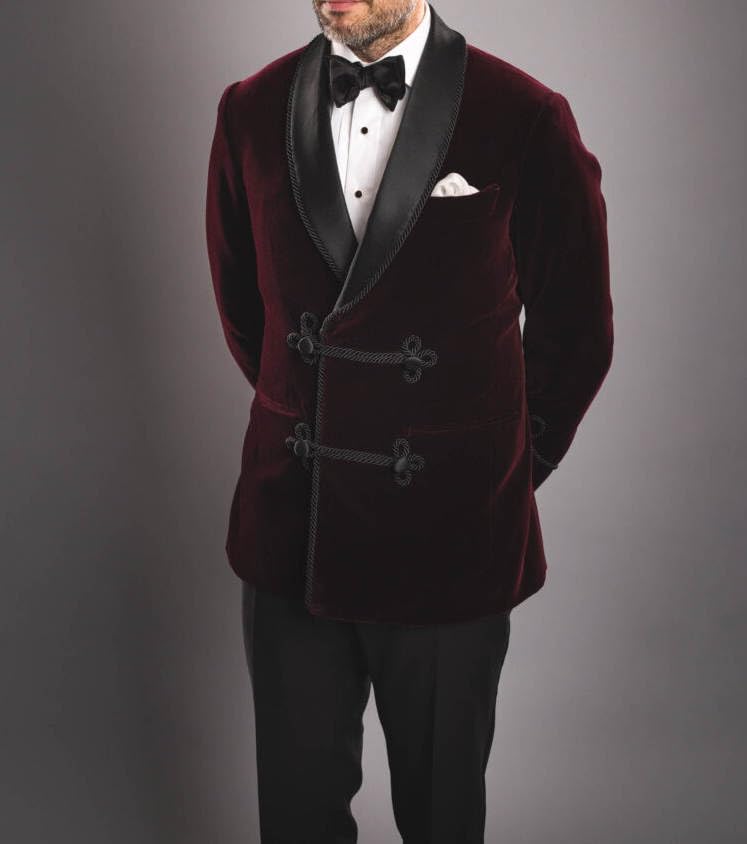 Mens Burgundy Velvet Smoking Jacket, Lapel Collar, Double Breasted, Chinese Knot Buttons2