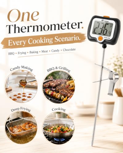 Image of Digital Candy Thermometer with 180 Rotating LED Screen, 304 Stainless Steel Probe, Heat Shield, 2 Pot Clips, Accurate Sugar & Deep Fry Thermometer - Black