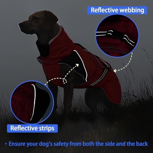 Image of MIGOHI Comfortable Large Dog Coat - Waterproof Dog Coat with Reflective Strips,Windproof XXL Dogs Jacket with Warm Turtleneck, Snow Coats for Large Dogs,Labrador Golden Retriever,2XL,RedBlack