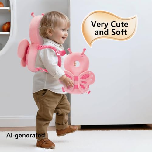 Image of Baby Head Back Protector Backpack Toddler Safety Protector Cushion Pad Soft, Adjustable and Lightweight Design for Safe Walking and Crawling Toddlers Girls and Boys(Pink Butterfly)