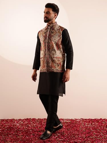 Image of SOJANYA Men's Silk Blend Black Kurta and Pyjama With Paisley Design Velvet Nehru Jacket