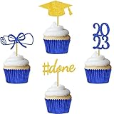 Blue Graduation Cupcake Toppers Party Decorations Glitter Hat Congrats Cake Picks Supplies 24 Pack