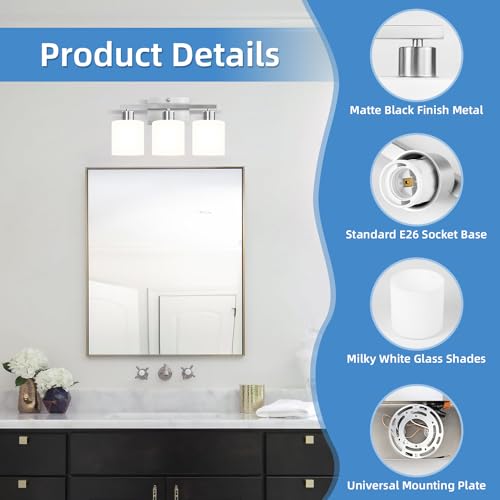 Image of SILAMPDI Bathroom Light Fixtures Brushed Nickel, 3-Light Bathroom Lights Over Mirror, Bathroom Vanity Lights for Bedroom, Living Room, Hallway, Milky White Glass Shades, E26 Base, Bulbs Not Included
