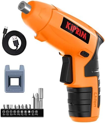 Small 4V Electric Screwdriver,Kiprim ES4 Cordless Screwdriver Tool with Rechargeable Battery,LED Front Light & Power Display Light for Home DIY Orange