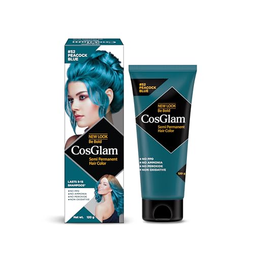 Image of Cosglam Semi Permanent Hair Color - Peacock Blue (#52) for Women & Men (120g) | Vegan Colorful Hair Dye | No Ammonia, No Peroxide | Non-Oxidative | Conditioner Enriched Glossy Finish