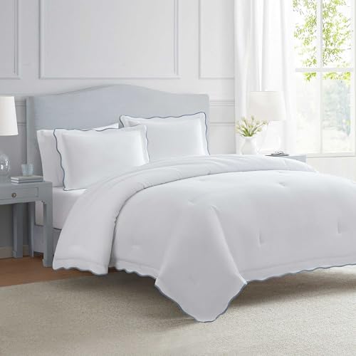 Image of Martha Stewart - Twin Comforter Set, Crisp & Smooth Bedding with a Cotton Percale Lightweight Feel, Reversible 2 Piece Bed Set with Matching Pillowcase (Simple Scallop Blue)