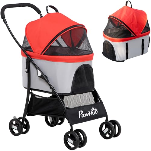 PawHut Passeggino per Cani 2 in 1 Pieghevole e Convertibile in Trasportino con 2 Guinzagli e Cuscino, Passeggino per Animali in Acciaio e Tessuto Oxford, 82x49.5x98 cm, Rosso e Grigio