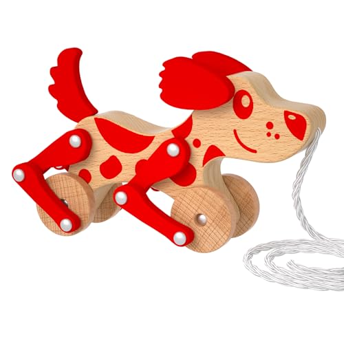 Image of Montessori Toys 1 2 3 4 Years Old Boys Girls Wooden Walking Pull Dog Toy for Baby Toddler, Pull Along Walking Toys, Walk Along Puppy Pull, Wooden Pull & Push Toy (Red)