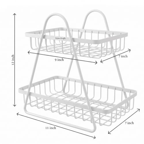 Image of 2 Tier Metal Fruit and Vegetables Basket with Handle | Fruit Vegetables Snacks and Bread Organizer for Kitchen, Dining Table, Livingroom | Bathroom Countertop Stand (Design 1 - White)