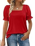 WIHOLL Summer Tops for Women Short Sleeve Shirts Square Neck 2024 Casual Trendy Valentine Red L