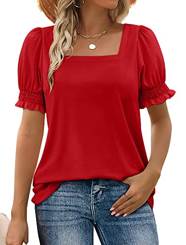 WEESO Womens Summer Tops 2025 Trendy Square Neck Blouses Short Puff Sleeve Shirts