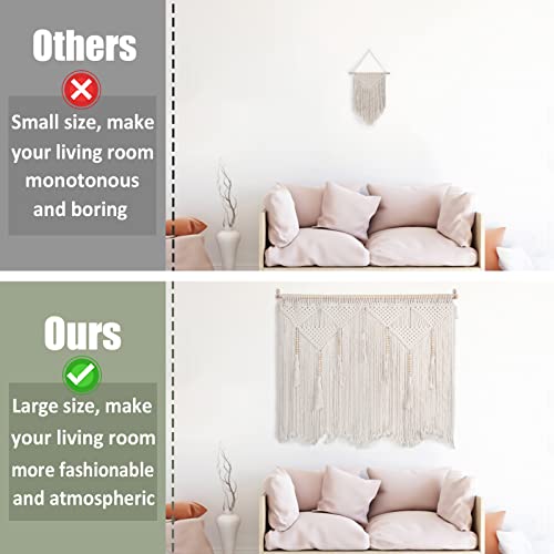 Large Macrame Wall Hanging 43.3" × 39.4" Boho Tapestry Woven Wall Decor- Cotton Tassel Macrame Curtain Beige Chic Bohemian Wall Art For Home Living Room Bedroom Dorm Wedding (Includes Hanging Rod) #TOP2