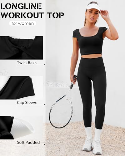 DaiLiWei Open Back Workout Tops for Women Short Sleeve Longline Sports Bras Support Crop Tank Yoga Shirts with Built in Bra4