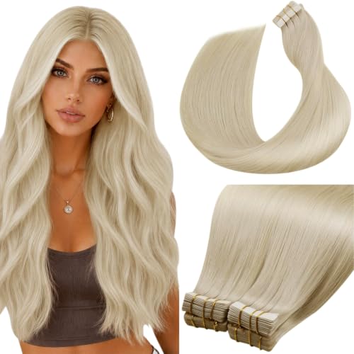 Image of LaaVoo Tape in Hair Extensions Human Hair Bleach Blonde Tape in Human Hair Extensions Seamless Tape on Extension Soft Hair 16 Inch 100g 40pcs