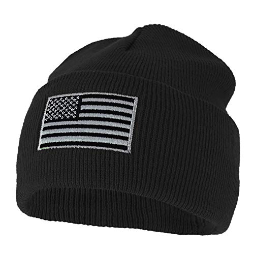 Armycrew Made In Usa Grey American Flag Embroidered Knit Cuff Long Beanie - Black #TOP2