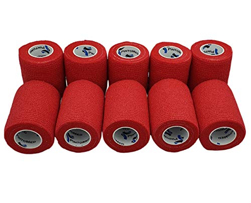PintoMed - Venda Cohesiva - 10 x ROJO - 10 rollos x 7,5 cm x 4,5 m estirado - Vendaje autoadhesiva elástica y flexible, Cinta adhesiva, Vet Wrap, Tape, Primeros auxílios y lesiones