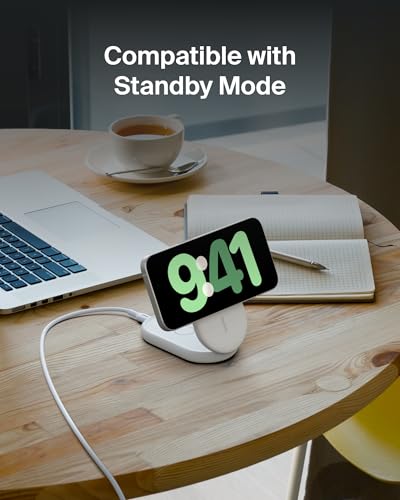 Image of Belkin MagSafe Charger Compatible BoostCharge 2-in-1 Magnetic Foldable Charger 15W - Qi2-Certified Wireless Charger for Apple iPhone 15, iPhone 14, Apple Watch w /Non-Slip Base, PSU Included - White