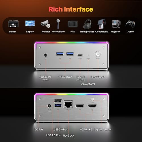 Image of PELADN Mini PC, AMD Ryzen 9 7940HS (8C /16T, Up to 5.1GHz) Radeon 780M 32GB DDR5 5600Mhz RAM, 1TB SSD, 4K HD, BT5.2, Dual HD, WiFi6 2.4G /5G, Business Small Desktop PC RGB Light