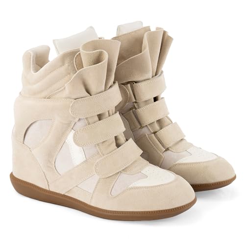 Image of Wedge Sneakers for Women Suede Tennis Shoes Hidden Wedges Round Toe Strappy High Top Sneakers Comfy Casual Walking Shoes