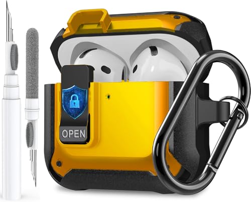 Image of Olytop for Airpods 4 Case with Lock Clip, Rugged Apple Airpods 4th Generation Cover 2024 Men Women, Armor Shockproof iPod 4 Gen Protective Hard Shell with Carabiner&Cleaner kit,Black /Yellow