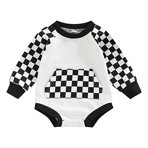 Image of AEEMCEM Baby Boy Girl Checkerboard Oversized Sweatshirt Romper Pullover Plaid Patchwork Long Sleeve Jumpsuit Fall Clothes (A Black, 0-3 Months)
