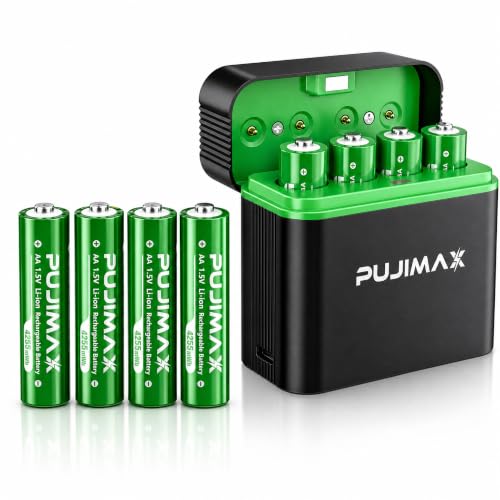 Image of PUJIMAX Rechargeable AA Batteries, 1.5V Lithium AA Batteries with Fast Charger, High-Capacity 4-Pack, Charger Included, 30-Minute Rapid Charge, 1500+ Recharge Cycles