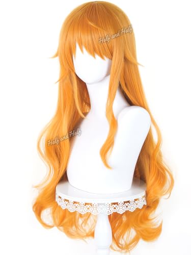 Image of Half and Half Long Curly Orange Anime Pirate Cosplay Wig for Women 31.5'' Vibrant Orange Ginger Wave Wig for Halloween Party Costumes Daily