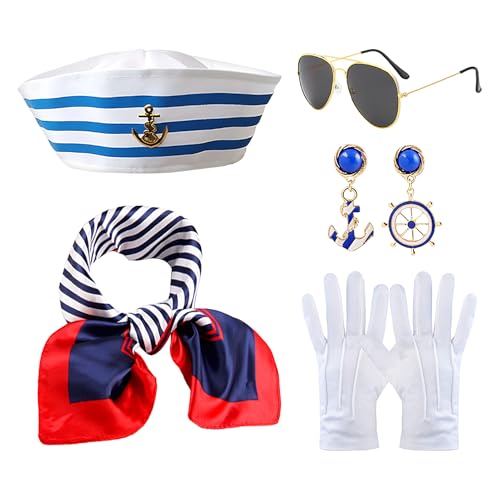 Disfraz de marinero para mujer, disfraz de marinero de 5 piezas, disfraz de marinero, accesorio para adulto, gorro de marinero, bufanda, pendientes, gafas de sol, guantes, azul marino