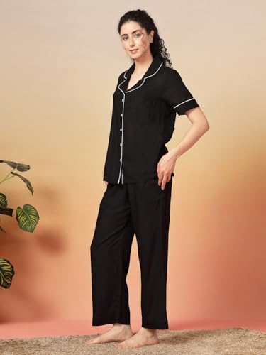 Image of Night Suit for Women's| Solid Night Dress| Half Sleeves Shirt and Pajama Set