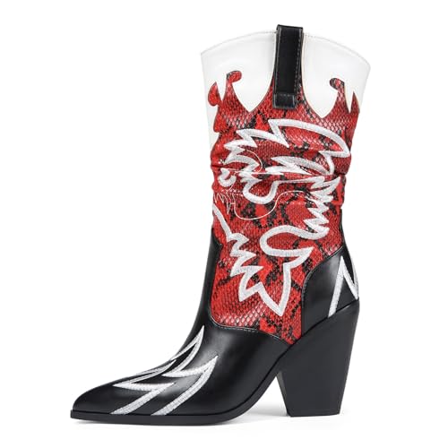 Image of Women Cowboy Boots Mid Calf Embroidered Cowboy Boots for Women Knee High Chunky Heel Pointed Toe Wide Calf Western Boots Cowgirl Boots