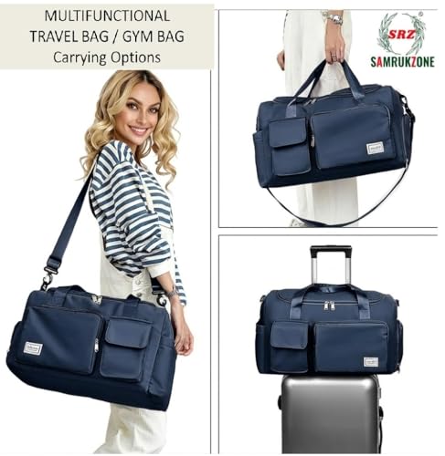 Image of SRZ Samrukzone Nylon Travel Duffle Bag with Wet Pocket & Shoe Compartment, Weekender Overnight Gym Shoulder Bag for Men & Women (44 x 18 x 29 cm (Navy Blue)