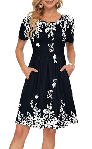 Image of AUSELILY Women's Short Sleeve Pleated Swing Summer Dress with Pockets | Knee-length short sleeve dress, empire waist & pockets, ideal for casual daily wear and vacation