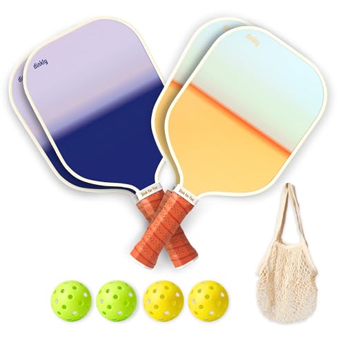 Dinkly Pickleball Paddles Set of 4 - USAPA Approved Graphite Lightweight Racket, 4 Pickleball Rackets, 4 Outdoor Balls and 1 Mesh Bag, Pickle Ball Set Gift for Men Women Beginners, Sunset Fade