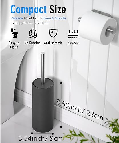 Image of Matt Gray Ceramic Toilet Brush and Holder Set | Freestanding Toilet Bowl Cleaners Brush, Scrubber Brush for Toilet, Bathroom Accessories with Stainless Handle, Deep Cleaning
