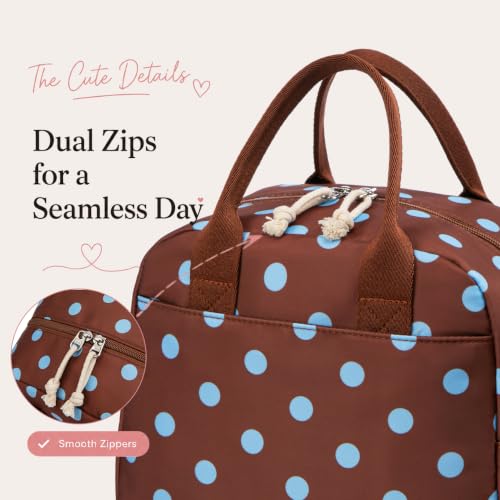 Image of LOVELYWIND Brown Blue Polka Dot Lunch Box For Women, Insulated Lunch Bag | Brown Lunch Bag With Blue Polka Dots; Cute Insulated Lunch Box Tote For Work, Travel, Beach, And Daily Meals.