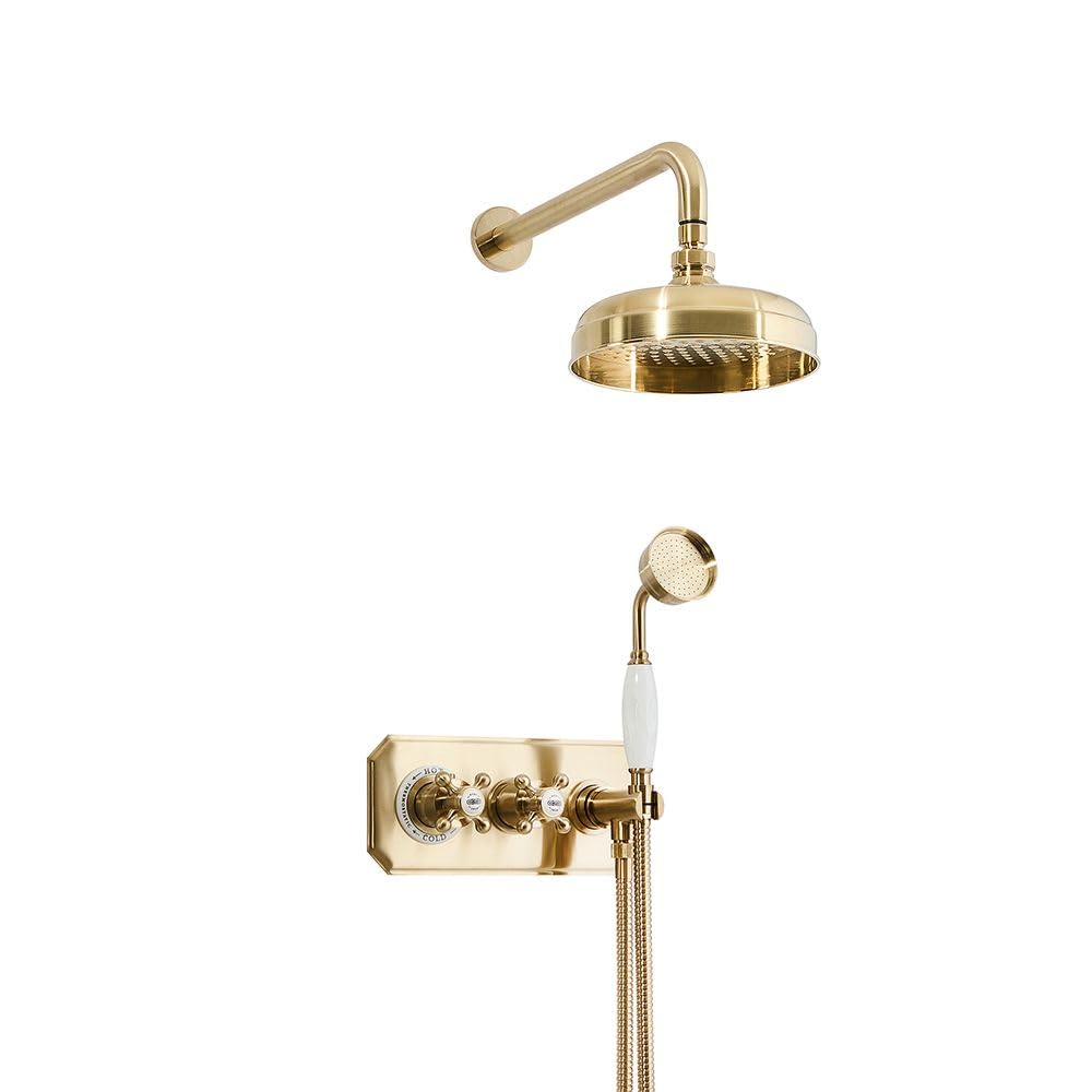 Milano Elizabeth Thermostatic Mixer Valve 200mm Round Shower Head Handset - Brushed Brass