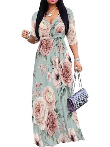 Image of PinkPatty Women's Plus Size Maxi Dresses Casual Flowy 3 /4 Sleeves Dress Printed Vacation Dress for Daily Wear with Belt