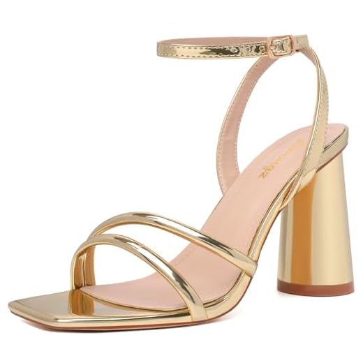 RIBONGZ Gold Prom Heels for Women Strappy High Block Heels Square Open Toe Ankle Strap Sexy Chunky Heeled Sandals Wedding Bridal Shoes High Heel Sandals for Party Dress 8