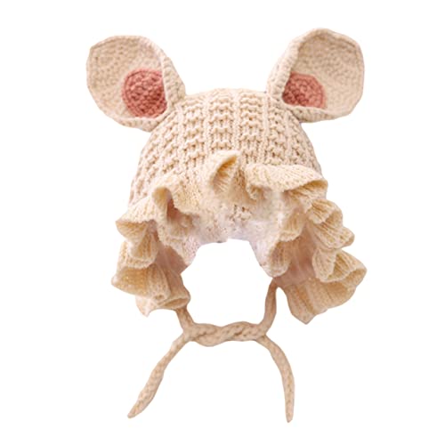 TOYANDONA Yarn Knitted Warm Hat with Bunny Ears Thermal Windproof Winter Cap for Boy Girl Months to Years Breathable Skin Friendly Crochet Cap in Beige