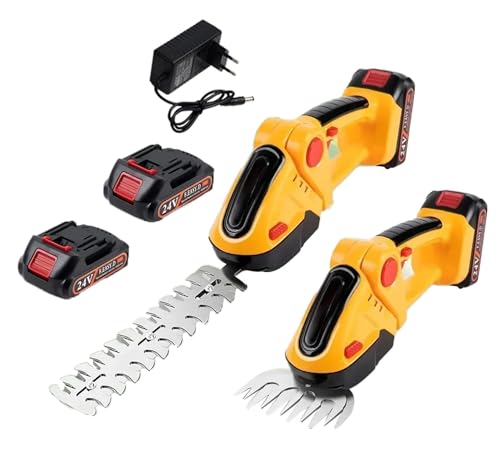 2 en 1 Cortasetos Bateria y Arreglasetos, 21V Cortasetos Electrico con Batería de 2000mAh y Cargador, Herramientas de Jardín, Tijeras de Poda, Tijeras de Césped (Amarillo con 2 Batería)