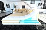 Wohnlandschaft Turino XXL Sofa in Leder - mit LED Beleuchtung, verstellbare Kopfstützen, Recamiere/Lederfarben wählbar/Ausrichtung wählbar (Ottomane rechts, Sandbeige-Weiß)