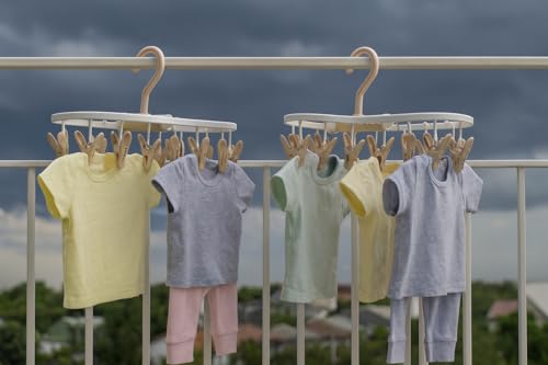 Image of Cloth Drying Hanger 12 Clips,360 Degree Portable and Foldable Clips,Baby Clothes, Clothes Drying Stand,Indoor Clothes, Space Saving, Travel Safe (Beige Pack of 2)