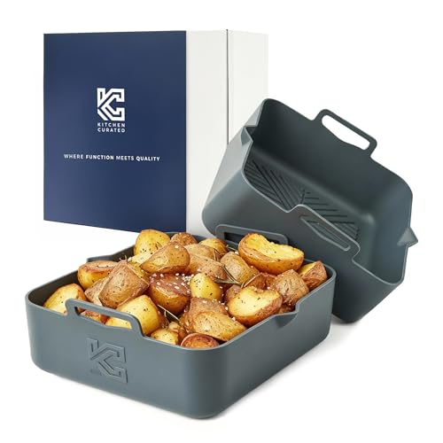 Kitchen Curated 5QT Silicone Air Fryer Liners (2 pcs) Compatible w Ninja AF141/AF142/AF181/AF182 & COSORI CAF-L501, Square Air Fryer Liners, Air Fryer Accessories, Reusable than Parchment, 2.63 Thick