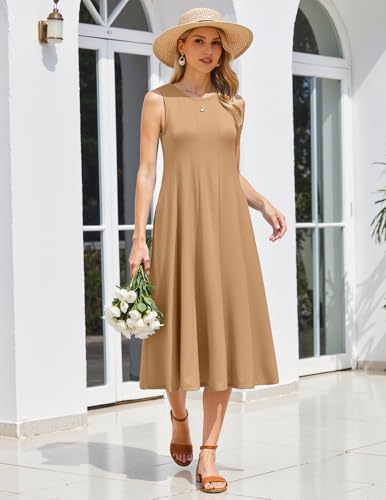 Image of HOTOUCH Summer Casual Dresses for Women Sleeveless Midi Dress Swing Tank Sundress Pleated Tshirt Dress with Pockets