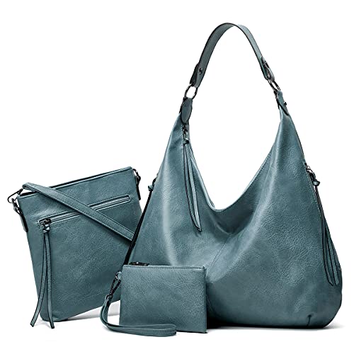 Pahajim Bolsos de Mujer Bandolera Mujer Bolso Hobo PU Piel Bolso Grande Tote de Hombro Conjunto de Bolso y Cartera 3pcs para Shopper,Trabajo(Azul)