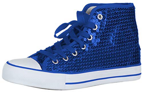 Brandsseller Damen Sneaker mit Pailletten und Glitzer - halbhoch mit Schnürsenkeln modisch bequem für Alltag & Party – Blau