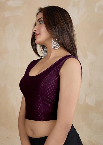 Image of TRENDMALLS Women's Dobby Pure Cotton Elastin Stretchable Readymade Round Neck Sleeveless Blouse Choli Stylish Saree Blouse Ready to Wear
